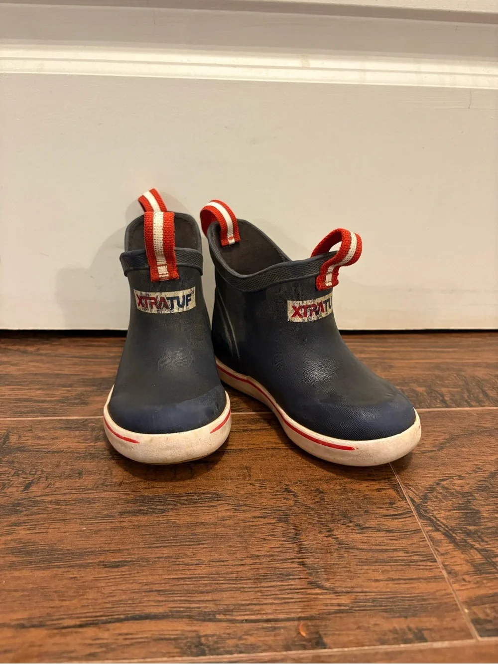 XTRATUF Kids c8 or c9 Navy Waterproof Rain & Snow Boot (Red Trim)